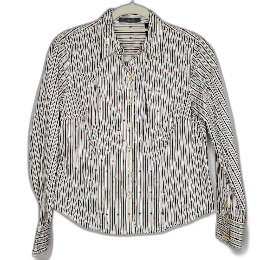 Retro Liz Claiborne White Striped 100% Cotton Button Up Shirt Size Sm